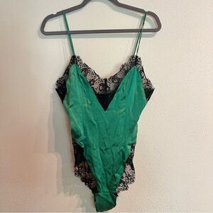 Lore Emerald Green and Black Lace 100% Silk Bodysuit